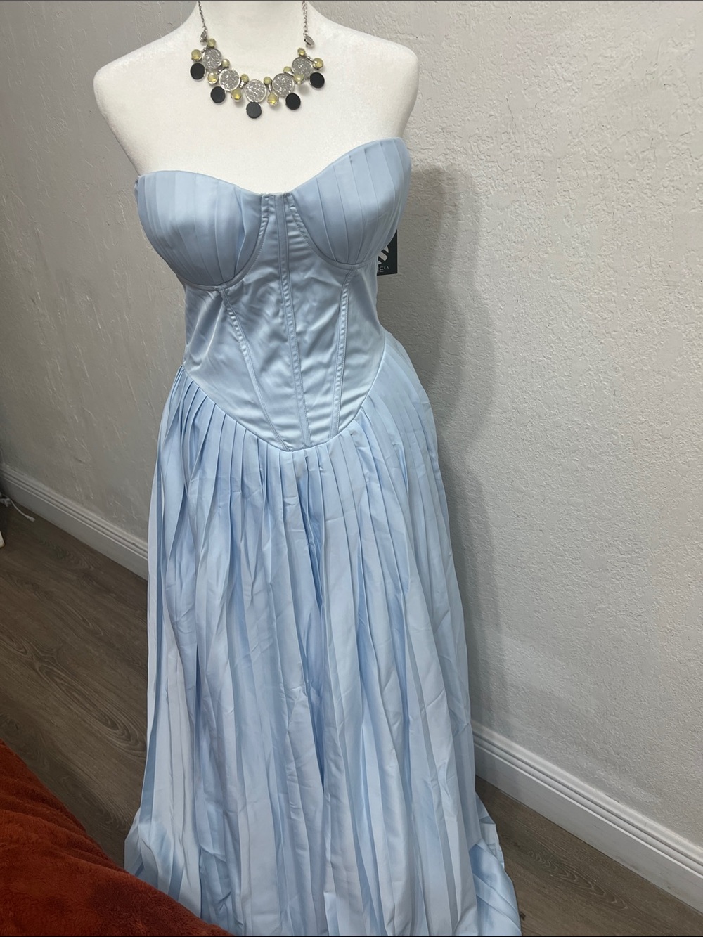 Strapless Light Blue Corset Pleated Gown